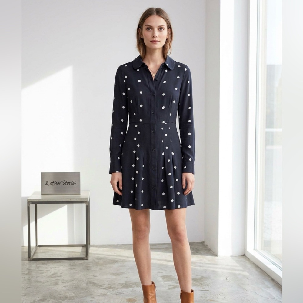 Long Sleeve Navy Polka Dot Shirt Dress